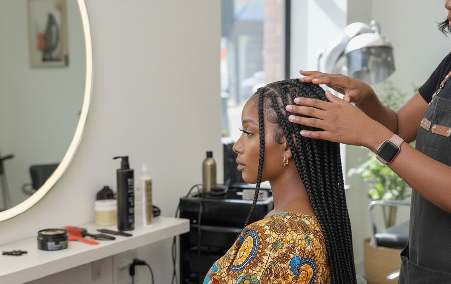 A modern hair salon with a stylist working on textured hair